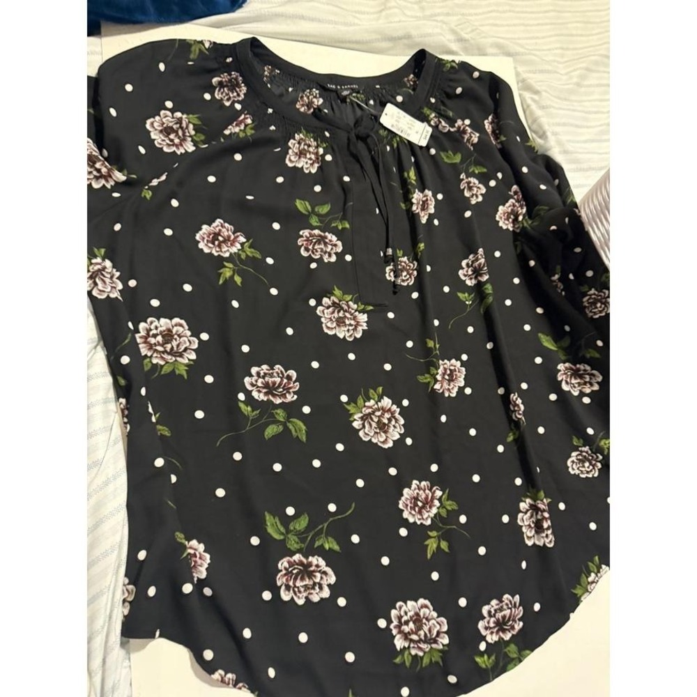 Zac & Rachel Black Floral Polka Dot Tie Neck Smocked Blouse XL New With Tags